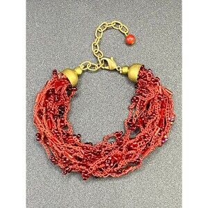 Red Crochet with Glass Bead & Brass Tone Handmade Bracelet